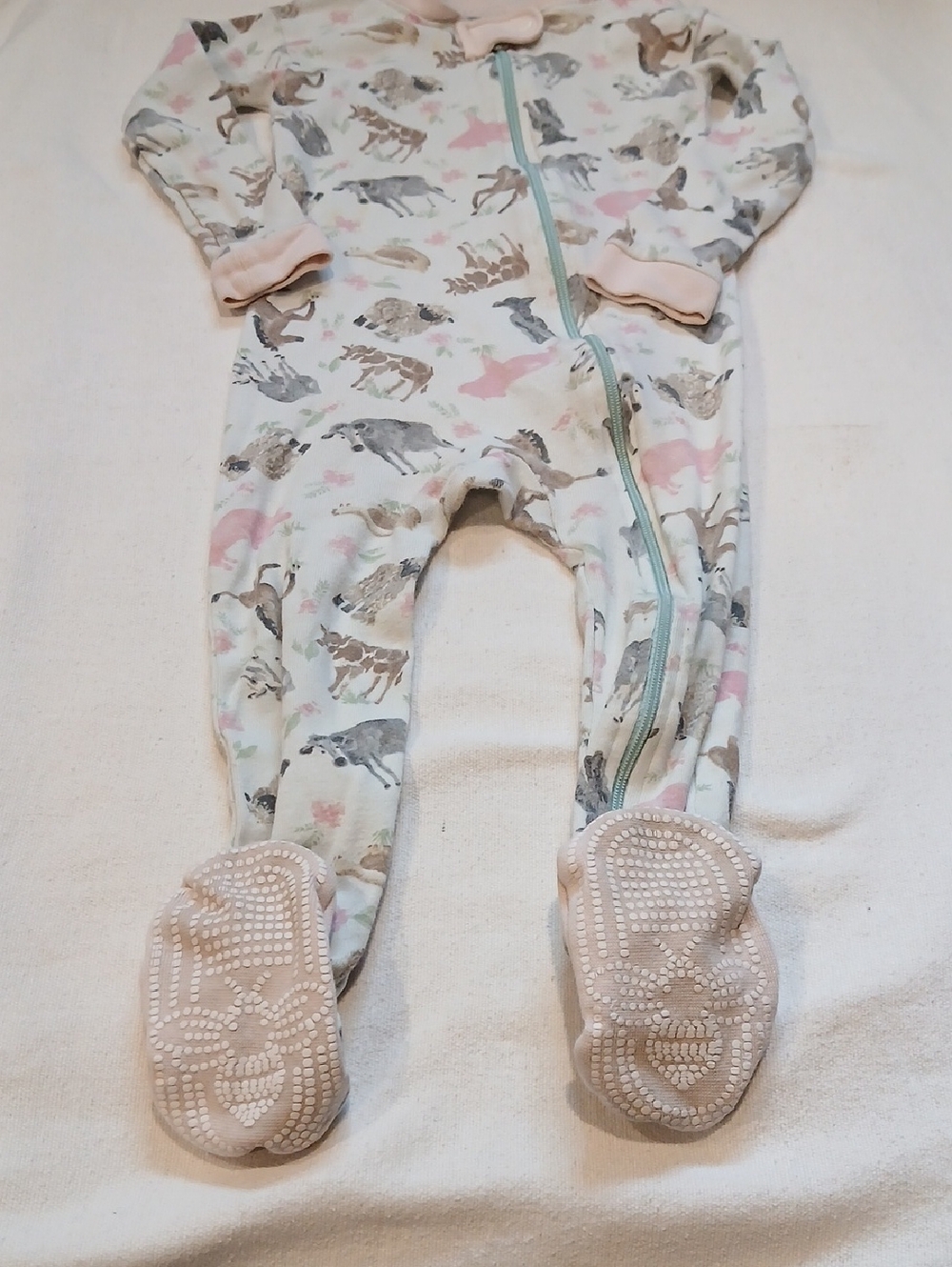 Burt's Bees Baby Pink & Gray Farm Animal Print Footed One-Piece